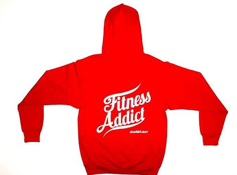 Shredded Mofo Red Pullover Hoodie with Fitness Addict on the back: (With White Letters)
