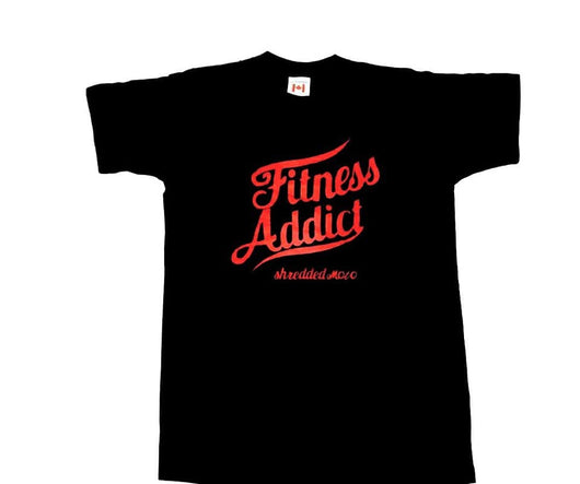 Fitness addict T-shirt: Black (with red letters)